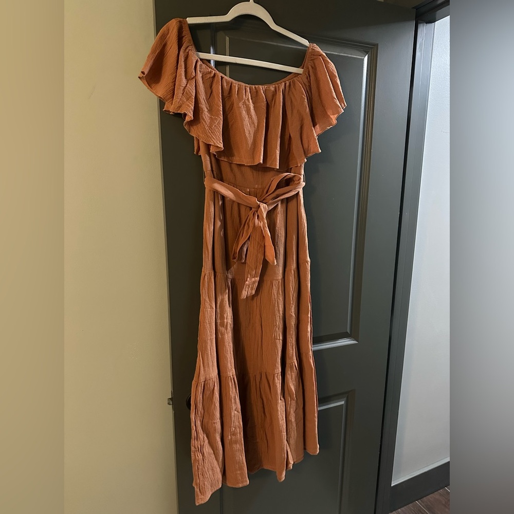 HYFVE Brown and Orange Off-Shoulder Maxi Sundress